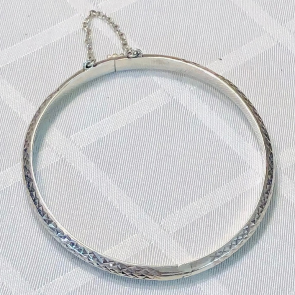 VTG Sterling 5mm Diamond-cut 7" Hinge Bangle Bracelet - 5g with Safety Chain 925 - Picture 2 of 11